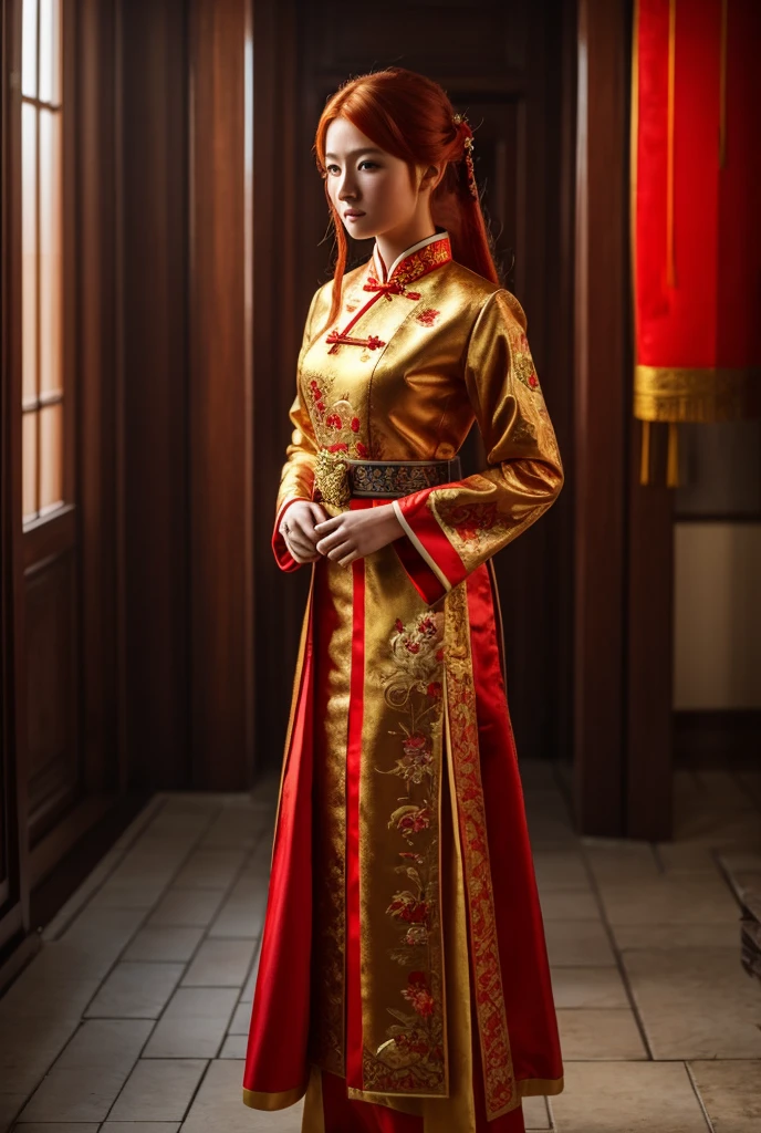 A beautiful red head European girl with traditional Chinese dress in china , cinematic, golden hour, a little bit blurry for the background, standing , 4k