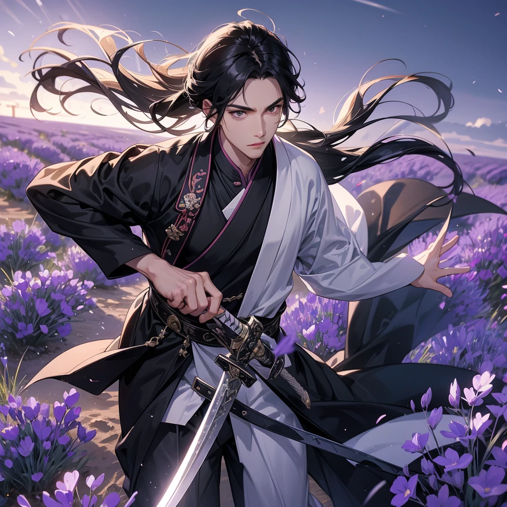 A Handsome black-hair male holding a large sword in black-white ancient general chinese, close up.

Stroll among the purple lavender fields , There are some floating clouds,

 
