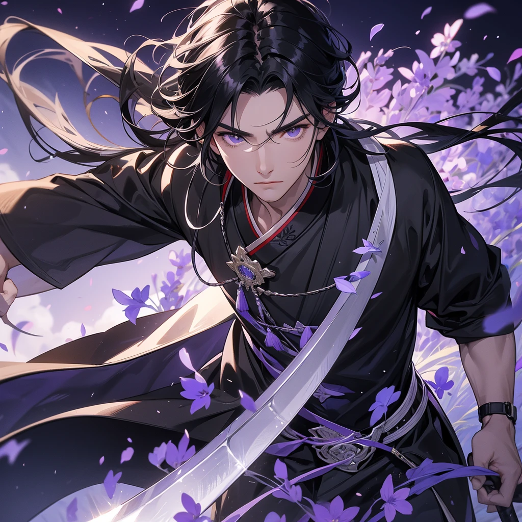 A Handsome black-hair male holding a large sword in black-white ancient general chinese, close up.
Stroll among the purple lavender fields , There are some floating clouds,