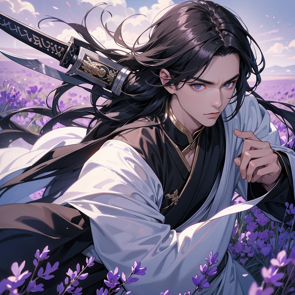 A Handsome black-hair male holding a large sword in black-white ancient general chinese, close up.
Stroll among the purple lavender fields , There are some floating clouds,