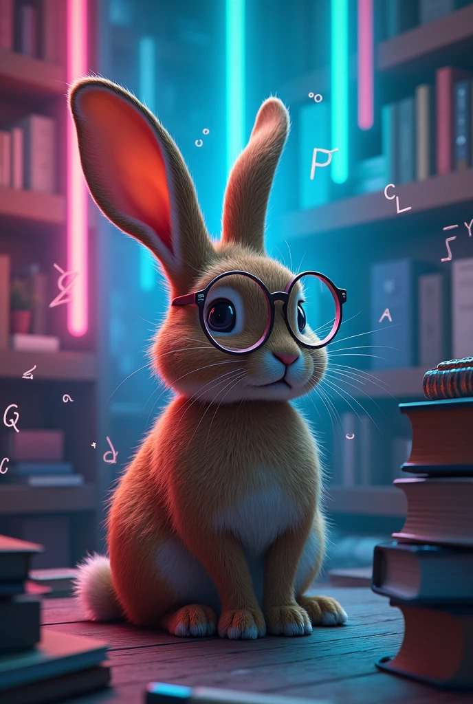 Adult rabbit with glasses who loves mathematics with neon lights