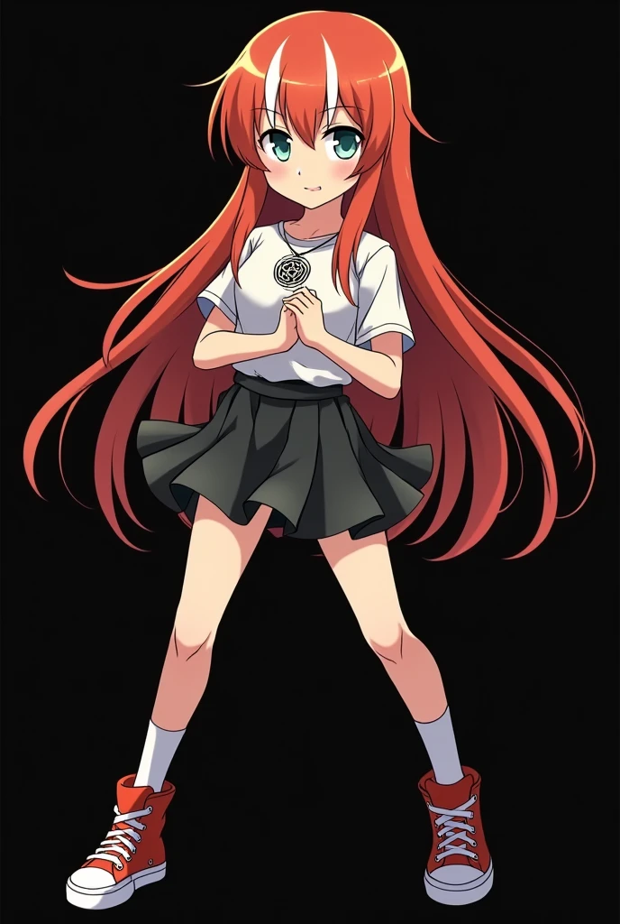 A full body image of an child, personagem do anime "JUJUTSU KAİSEN", she is very beautiful, with long, straight, fire-colored hair with two white streaks highlighted in the front, framing your face. She has blue-green eyes and pale skin.. she is a Wiccan, she is in fighting pose. she wears a pentagram necklace, tight skirt, beautiful women's high-top shoes and ¾-long socks. Animation made by Gege Akutami, anime creator "JUJUTSU KAİSEN". black backdrop.