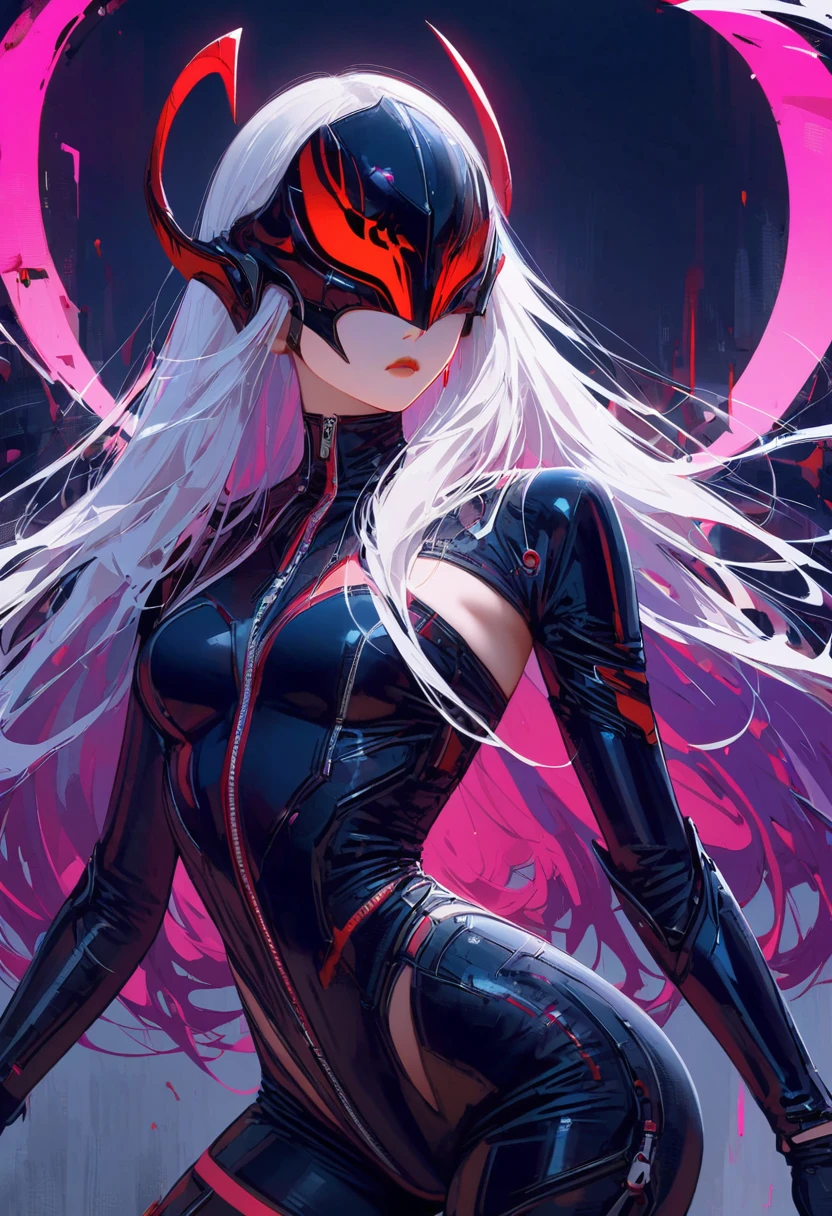 masterpiece, best quality, 8k, number, 1 girl, alone, stand up, youth, white hair, long white hair, hair accessories, Red eyes, round pupils, Emotionless expression, Bloodstained mechanical parts, electric wire, cable, failure effect, scary, Science fiction, futuristic, The background is darker inside, neon lights, Cyberpunk characters, surreal, strange, Disturbing, spine-chilling, scary, One-piece Pants,Red eyes,Venom Possession,blackened,Long black gloves,Rompers,Tight latex jumpsuit,Highlight her graceful figure,Wrap your whole body and stand up,symbiont,((Raised sexy)),One-piece Pants,Red eyes,Venom Possession,blackened,Long black gloves,Rompers,Black latex clothing,Blood-Red eyes,best quality, High resolution, super detailed, Vivid texture, mask, Tight latex jumpsuit, bangs,purple hair, Blue eyes