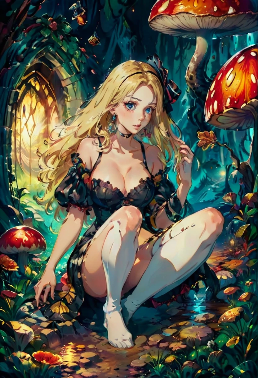 A dark gothic Alice in Wonderland, a beautiful 20 year old blonde woman with big messy hair in a tattered sheer black dress, white stripe stockings, black headband, cleavage, holding a glowing mushroom, sitting on a giant mushroom, dark fantasy art style, cartoon vibrant, detailed digital art, glossy digital painting.