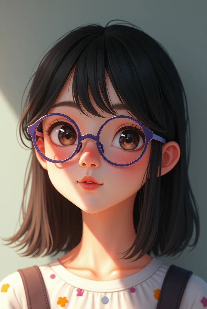 High school girl, brown eyes , purple glasses, straight mid hair