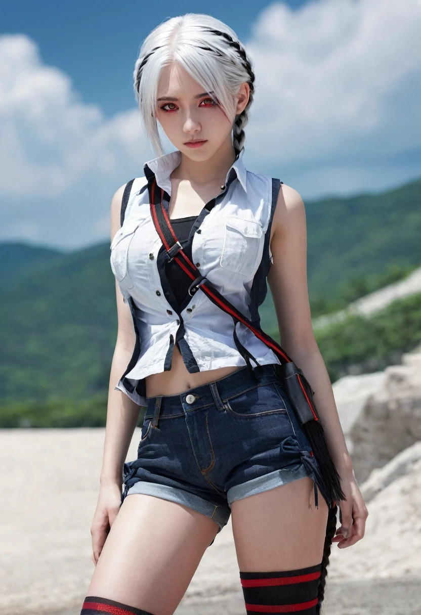 (realisitic,high resolution:1.3), 1 girl with perfect body,White hair,Bblack hair,colored hair,shorth hair,slickedback hair,White hair long braid,eerie glowing red eyes,Student X Red,Super delicate face and eyes,Vest random color:1.2,shorts jeans,breasts big,Ravine