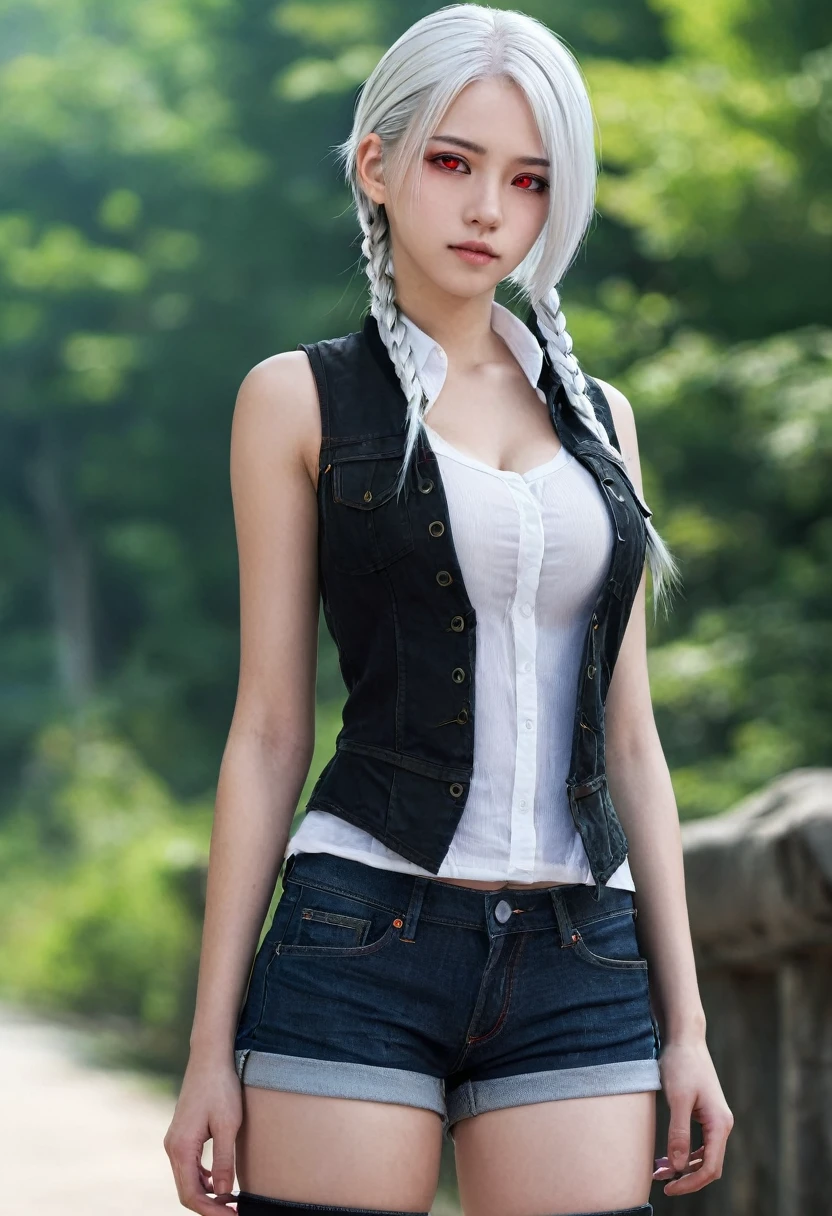 （realisitic，high resolution：1.3）， 1 girl with perfect body，White hair，Bblack hair，colored hair，shorth hair，slickedback hair，White hair long braid，eerie glowing red eyes，Student X Red，Super delicate face and eyes，Vest random color：1.2，shorts jeans，breasts big，Ravine