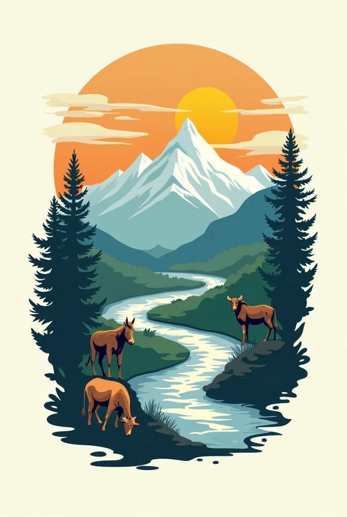 Create a logo in Spanish for a company with the following characteristics: Image with the two peaks of the Sierra Nevada of Santa Marta, laguna, river to the sea, Macaw, farmer, mono