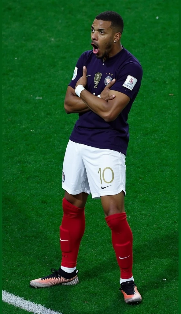 photorealistic, 8k, hyperrealistic, a Mbappe wear PSG jersey, number 10, celebrating his goal, in stadium, arm crossed pose, highly detailed face, intense expression, full body in frame, dramatic lighting, cinematic composition, chiaroscuro, dramatic shadows, photographic realism