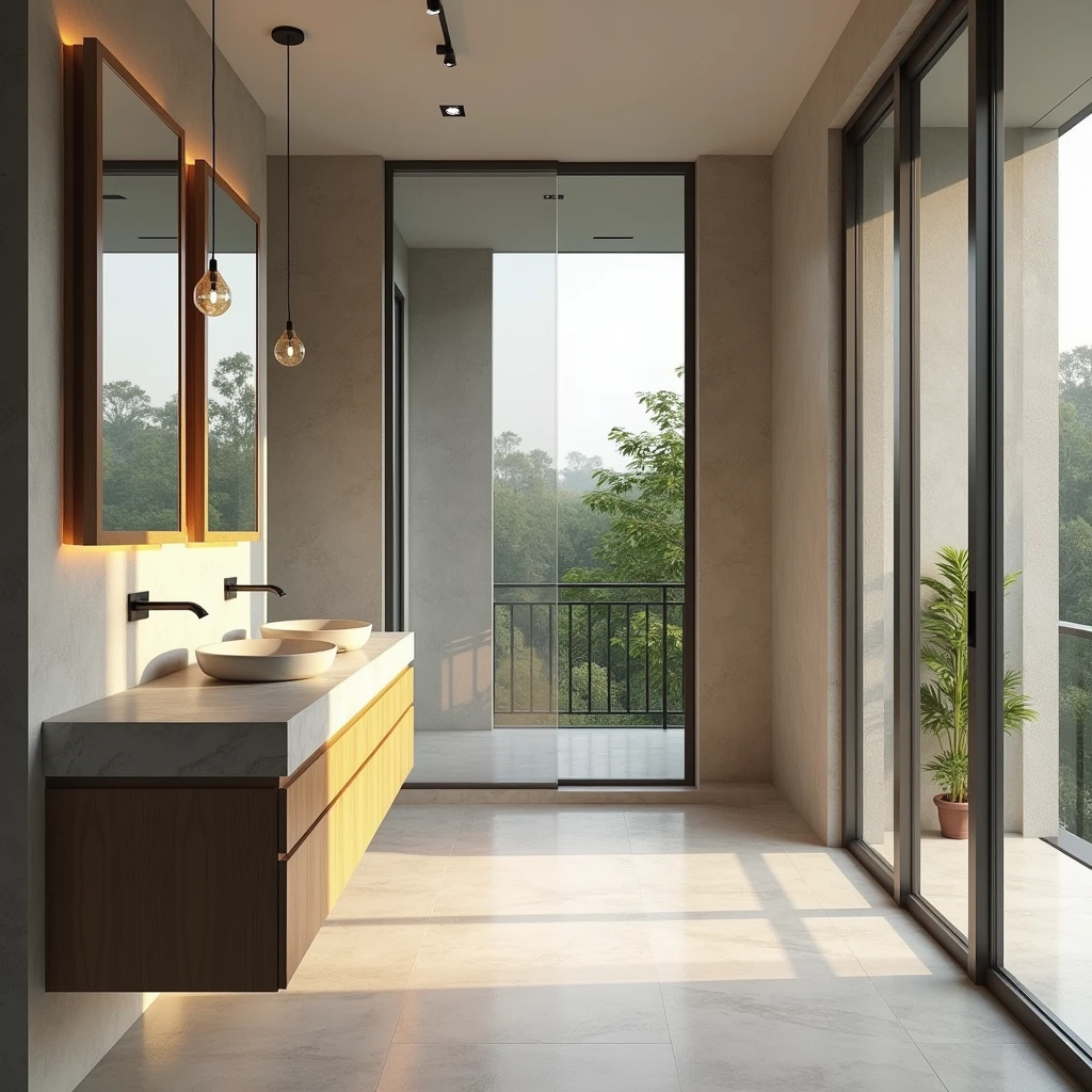 Interior design , couple's bathroom , high standard , suspended glass , stone countertop , and minimalist in northeastern Brazil , ultra realisitic , ultra-realistic render , 4 K ,