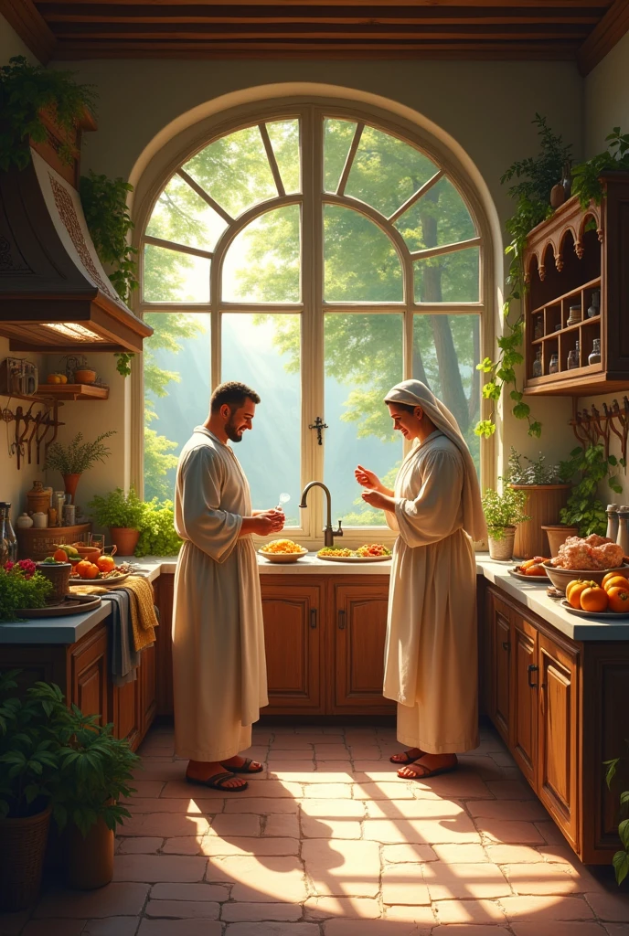 A landscape of a happy and religious kitchen