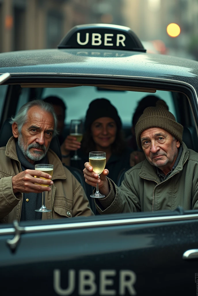 Uber logo car carrying a bunch of homeless people drinking champagne