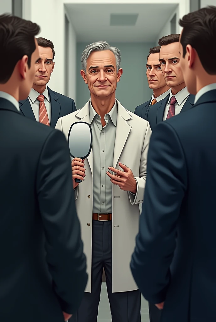 Create Doctor Furlan, de veste casual, holding a hand mirror to several men dressed in suits looking at their reflections in the mirror