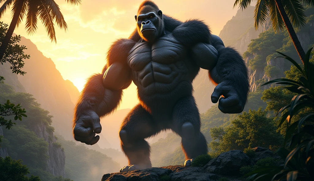 A giant gorilla with prominent muscles, especially in the arms, chest, and legs.The gorilla's position on a rocky cliff in a dense jungle setting.Lighting from the sunset, creating a warm ambiance and emphasizing the gorilla's strength.The gorilla's intense, focused, and fierce facial expression.