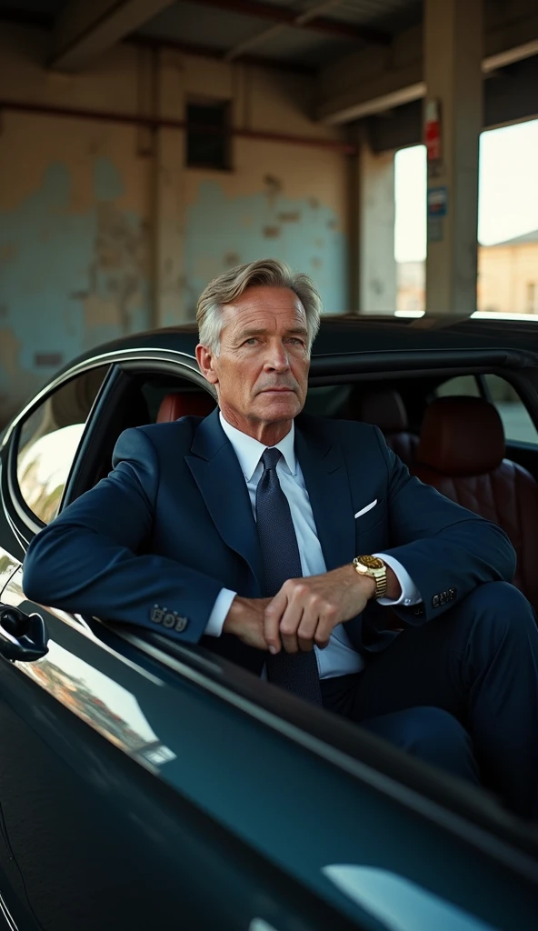 blonde, 40 years old, man, dark blue elegant suit, gold watch, sitting in car, open window, talking to camera 5 meters from car , old garage background, new bentley car, serious expression