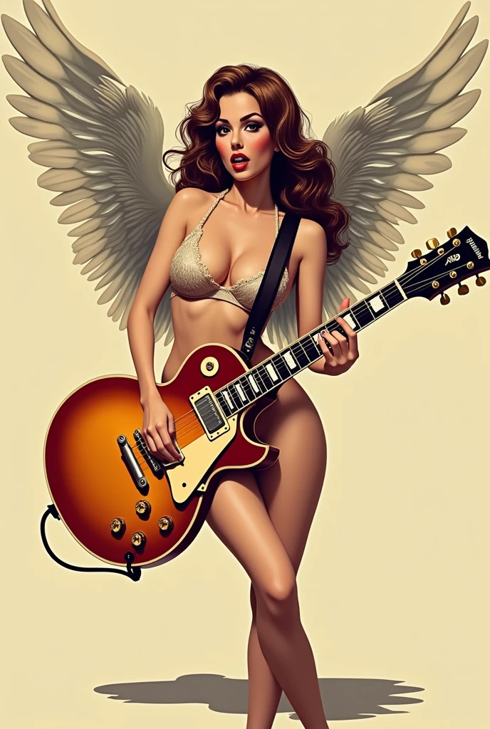flat vector logo of a sexy angel playing a back gibson les paul