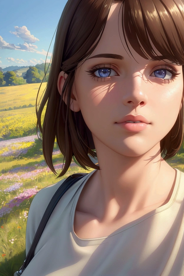 a tomboy, beautiful detailed eyes, beautiful detailed lips, extremely detailed eyes and face, long eyelashes, short brown hair, wearing a white shirt, jeans, and sneakers, standing in a field of flowers, natural lighting, vibrant colors, (best quality,4k,8k,highres,masterpiece:1.2),ultra-detailed,(realistic,photorealistic,photo-realistic:1.37),beautiful landscape, cinematic lighting, vibrant colors, warm tones, highly detailed, intricate details