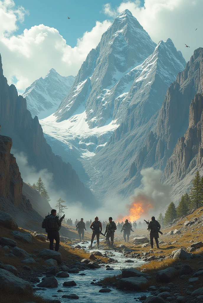 Create an image where a group of armed men are destroying a plot of land surrounded by mountains and rivers.