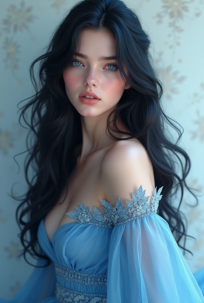 Beautiful blue eyes of a girl with long hair With a beautiful fiture With beautiful long blue dress