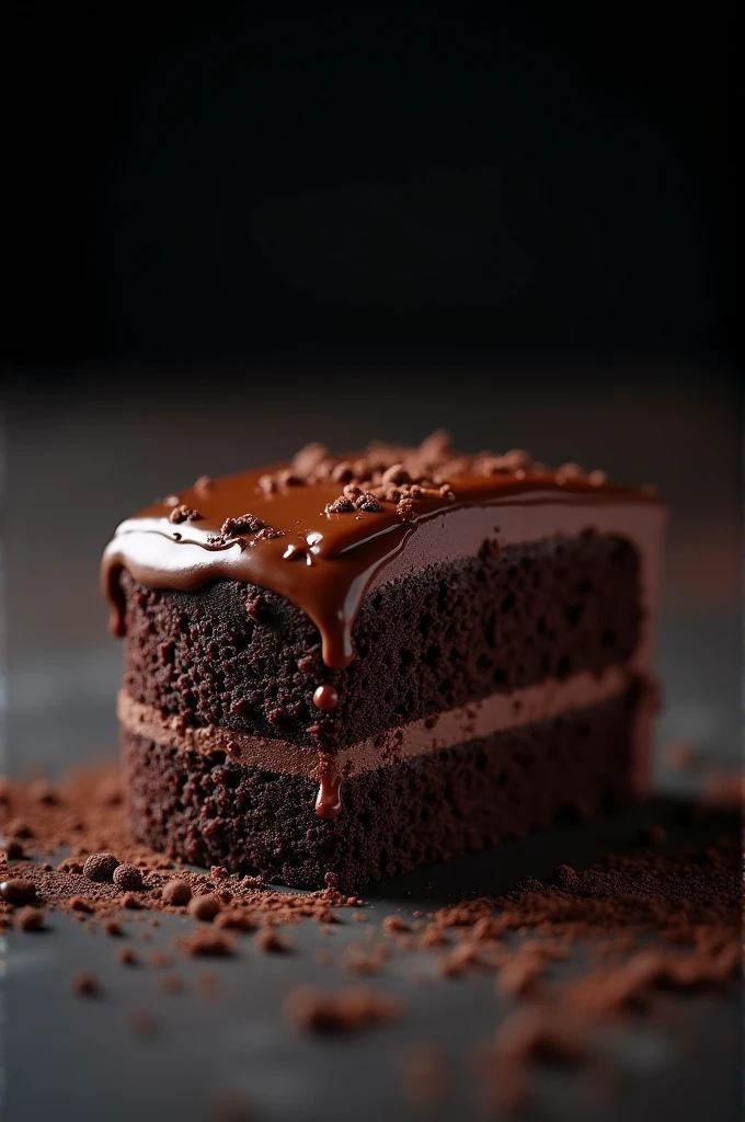 cinematic film still chocolate, chocolate cake, dark background, quality photo, moist texture, frosting, studio photo, slice . shallow depth of field, vignette, highly detailed, high budget, bokeh, cinemascope, moody, epic, gorgeous, film grain, grainy