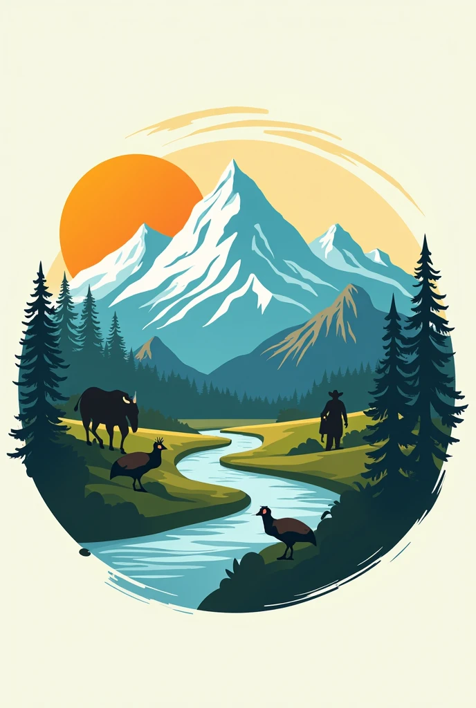 Create a logo in Spanish for a company with the following characteristics: Image with the two peaks of the Sierra Nevada of Santa Marta, laguna, river to the sea, Macaw, farmer, mono