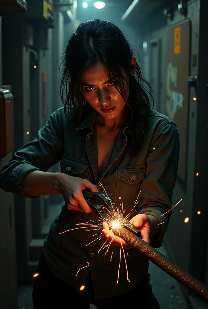 Woman with pliers in her hand cutting an electric cable