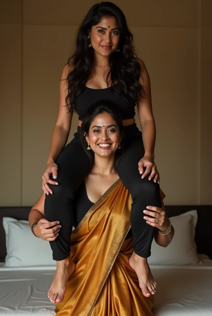 Beautiful and Slim, Sexy Indian woman in black blouse golden saree lifting a large chubby man above her shoulders, man is sitting on woman's shoulders, in a bedroom with high ceiling, natural smile, woman is looking into the camera , full body image 
