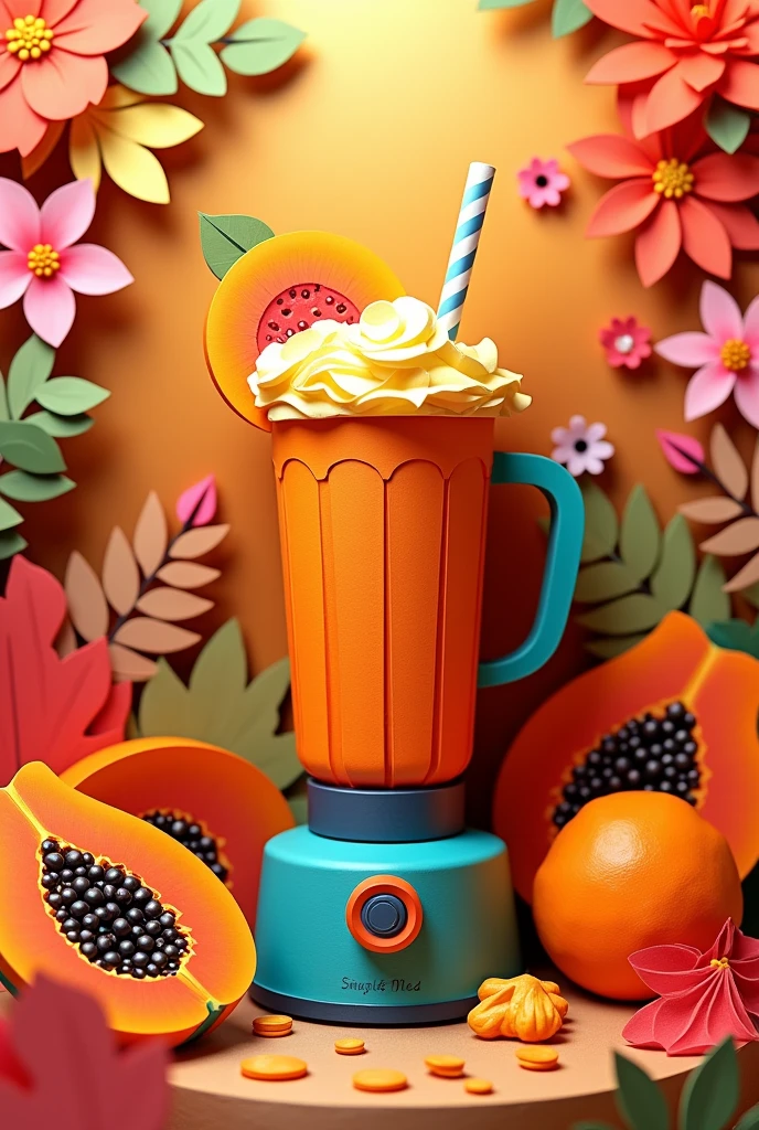 a papaya smoothie, blender,  masterpiece, all in three dimensional paper art、(Almond Shapes);1.9、(Three-dimensional paper-cut art.、colorful):1.9
