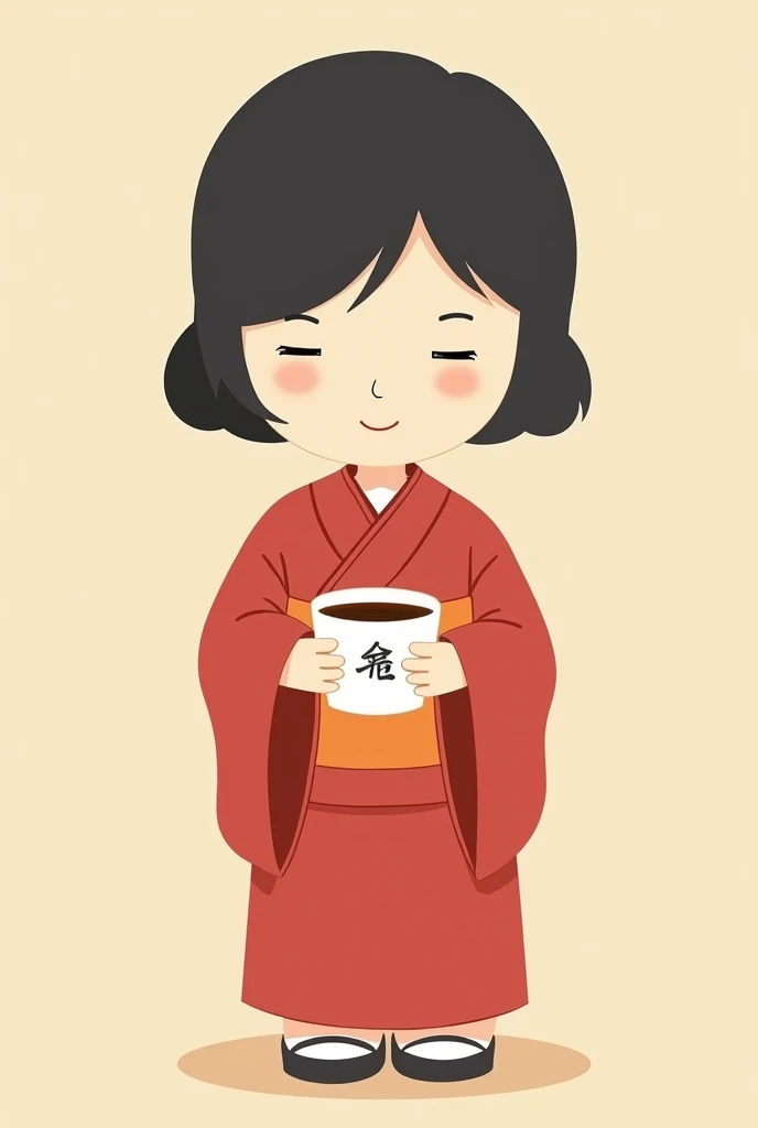 A simple drawing without many features of a Chinese girl with a Kimono and an Instant Soup in her hand so that her face does not look so real in the South Park style.