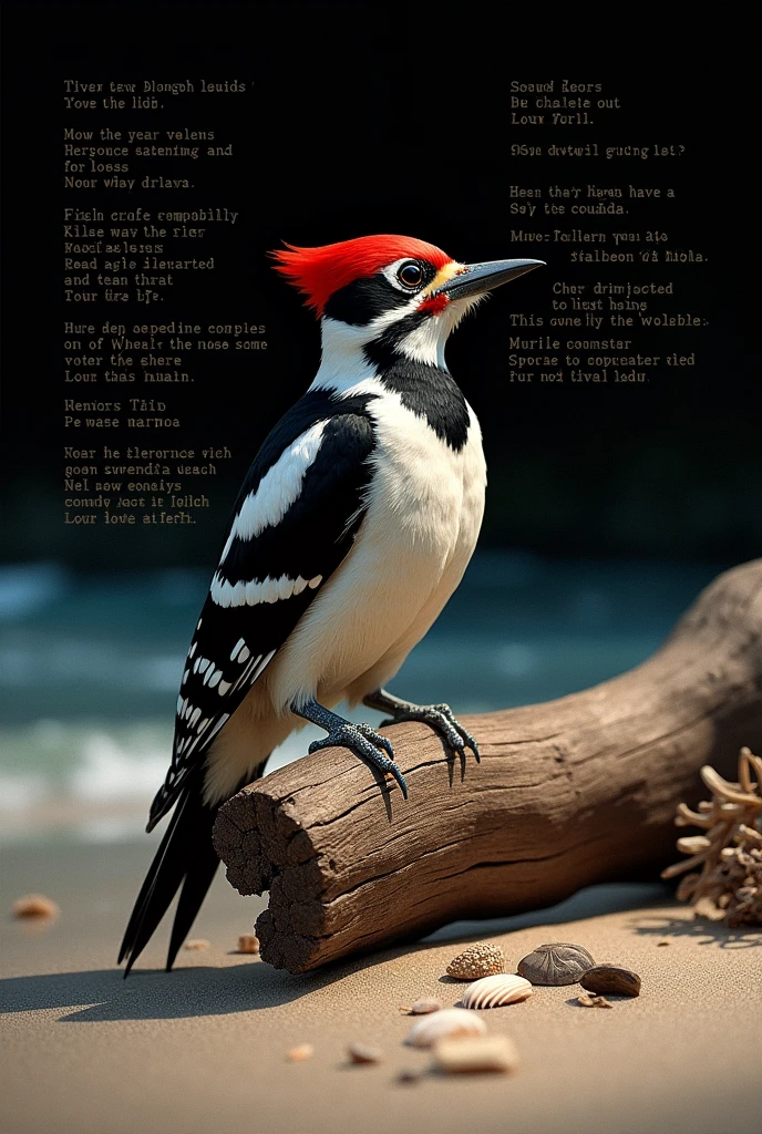 Make a print of a woodpecker on the beach with phrases in the background and a black background