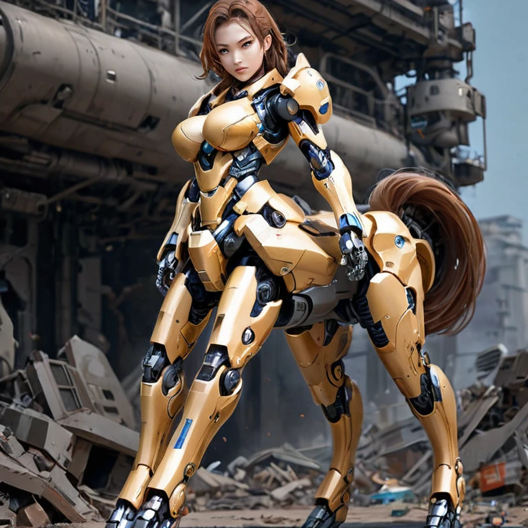 masterpiece, best quality, a portray of a woman ,fictional character, female centaur, lower body, extremely detailed, sci-fi,(mecha musume:1.2)