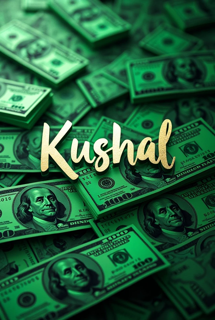 The 4k wallpaper filled with 100 doller notes text inside it with the name "KUSHAL"