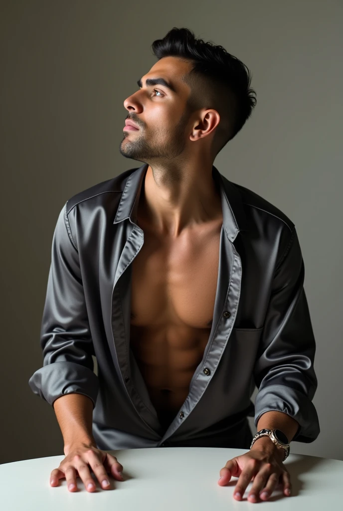 Man with half-open satin blouse resting his hands on the floor in a way that shows part of his neck and collarbone. SIDE ANGLE