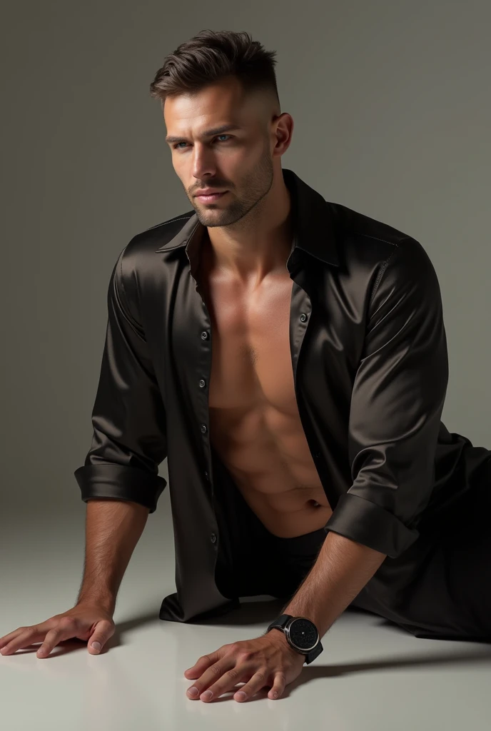 Man with half-open satin blouse resting his hands on the floor in a way that shows part of his neck and collarbone. SIDE ANGLE