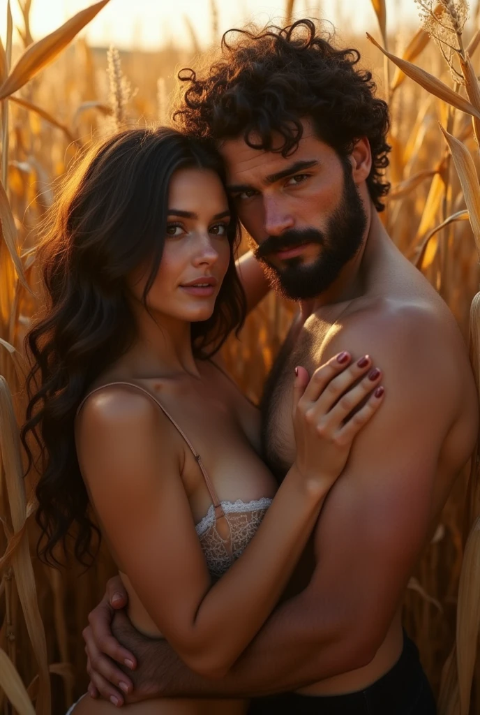 A hot brunette girl seductively snuggles up to a man with curly hair and beard. they sit in a cornfield. She leans on him. They are only lightly dressed. He covers her breasts with his arm. playing with the camera. Brustwarzen, Body view, bright light, viewer,
