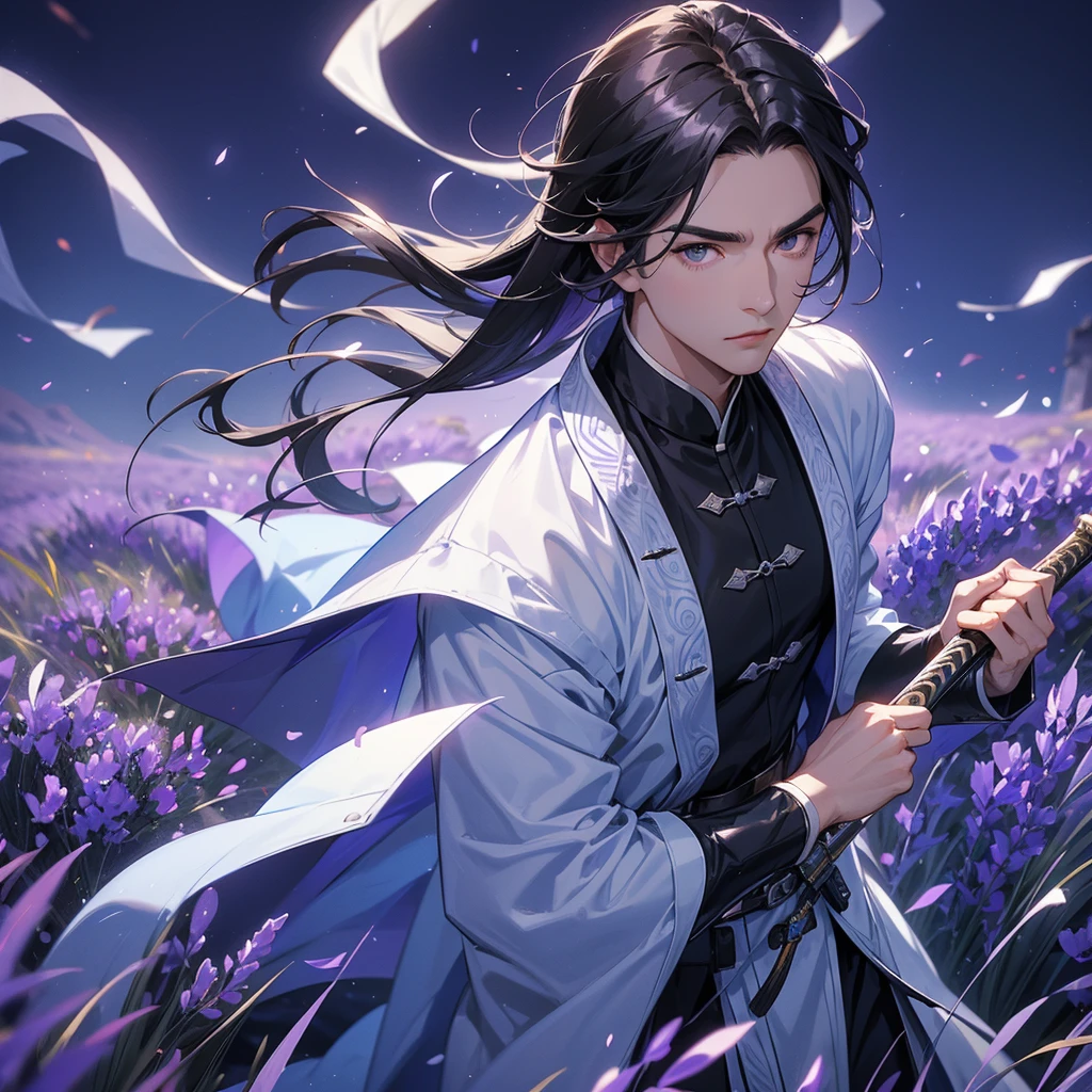 A Handsome black-hair male holding a large sword in blue-white ancient general chinese, close up.

Stroll among the purple lavender fields , There are some floating clouds,

 
