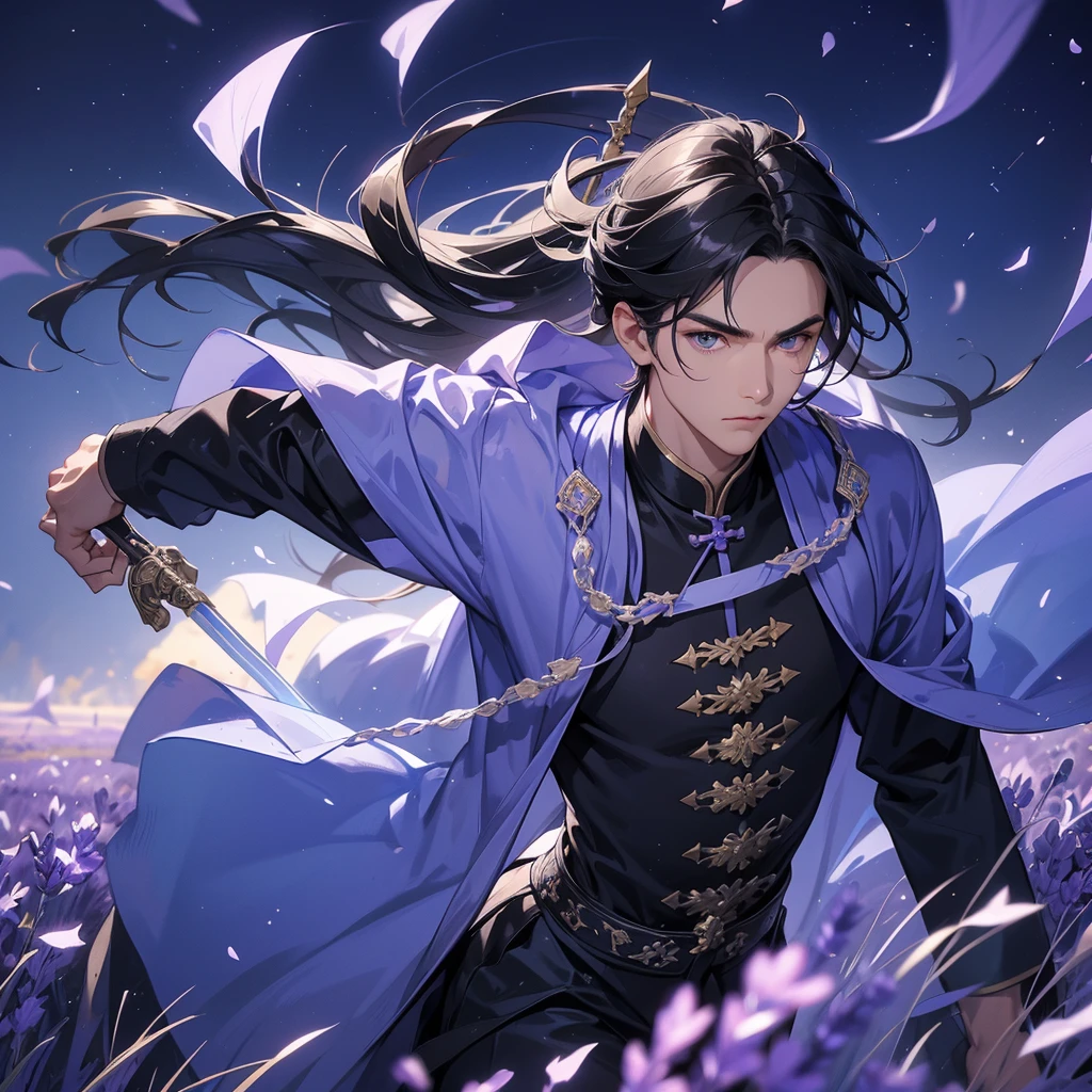 A Handsome black-hair male holding a large sword in blue-white ancient general chinese, close up.
Stroll among the purple lavender fields , There are some floating clouds,