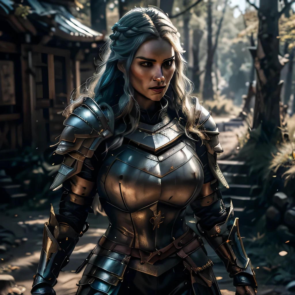 8K,asgard female warrior with very big breasts,Super beautiful(like the real thing),black very large chest armor,realistic skin,luxury black pants,Has a large, long black spear,sexy,muscular slim body,ripped abs,black shoulder armor,black waist armor,black leg armor,desert, rich colors, Backlight, cinematic lighting, film grain, RAW, 50mm lens,nikon D850,ultra high resolution,Super realistic,goddess,battle scene,action scene,action pose,shine a light on the face, long wavy blue hair, the Witcher, the Witcher armor, yennefer, running in the forest