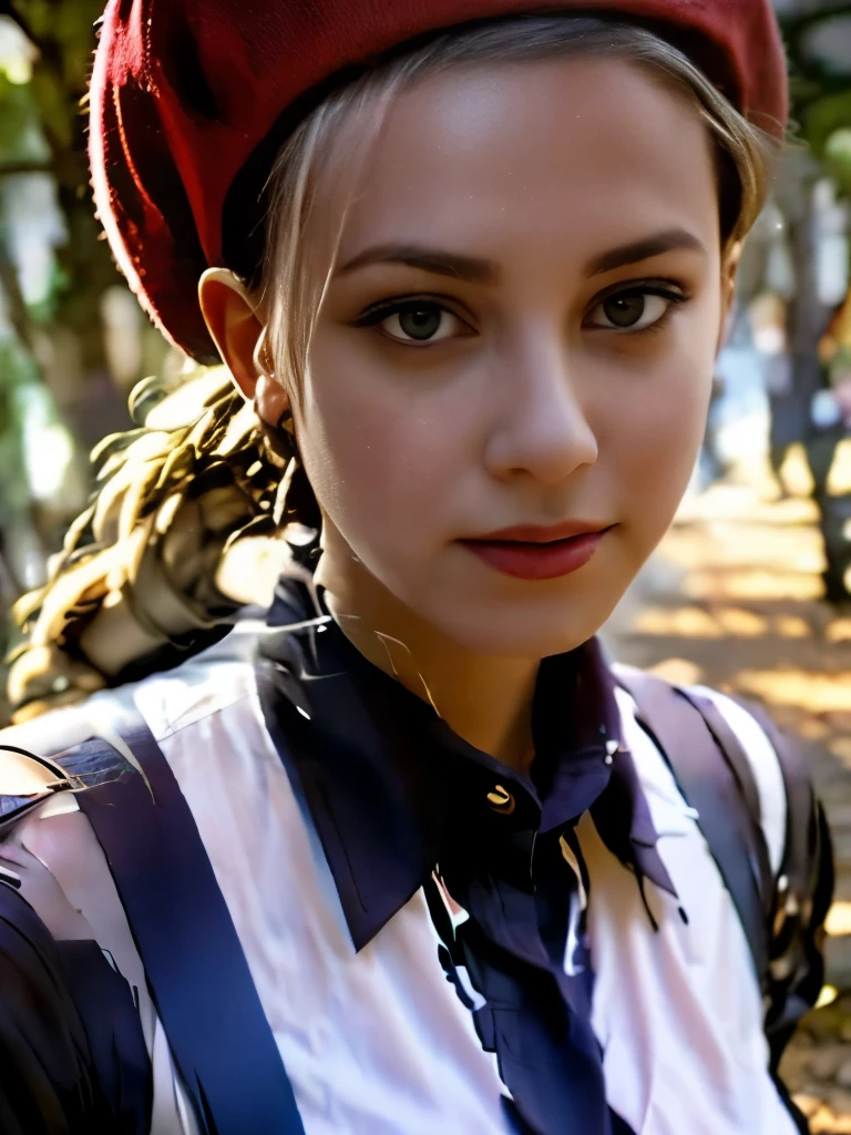 Masterpiece, Best Quality, 8K, Photographic Reality, Realistic, a girl ,20, with brown eyes, dark hair, wearing a collared shirt and red beret, walking through a forest