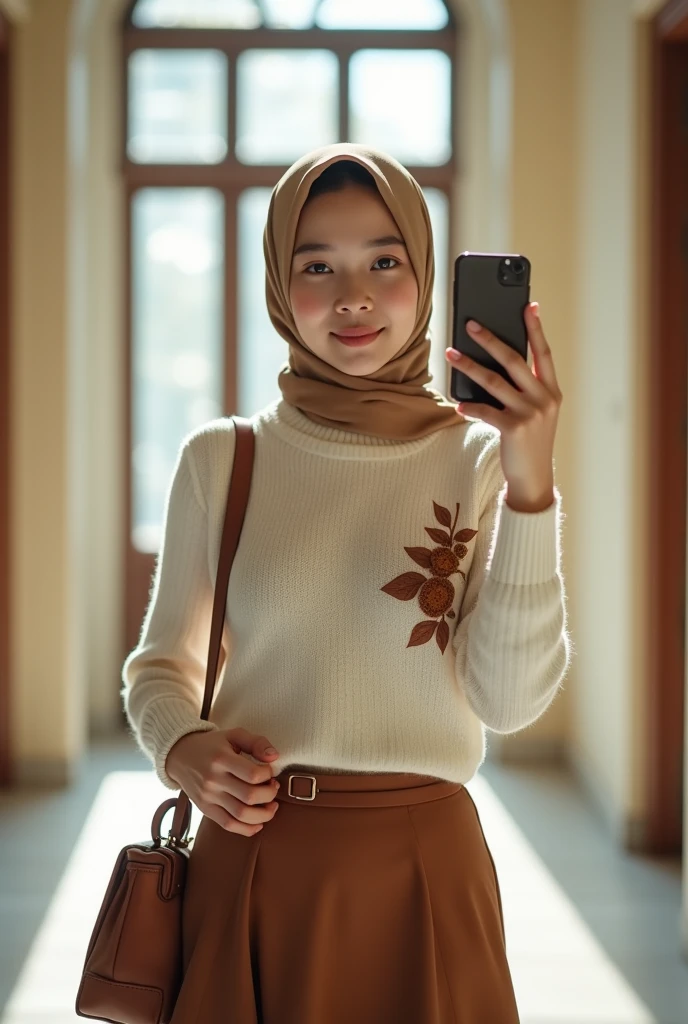 1girl, Solo, High Resolution, Masterpiece, Textured Skin, white skinned, young women, 20 years old, hijab, a beautiful young Indonesian woman, wearing a white sweater vest with brown floral embellishments, a brown skirt, and a brown handbag, taking a selfie with her phone, wearing a light brown hijab, standing in a hallway with a large window behind her, [photorealistic portrait, soft lighting], [Annie Leibovitz], [shallow depth of field, , natural light, warm tones, slight grain]