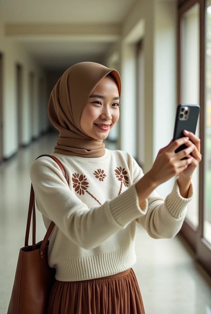 1girl, Solo, High Resolution, Masterpiece, Textured Skin, white skinned, young women, 20 years old, hijab, a beautiful young Indonesian woman, wearing a white sweater vest with brown floral embellishments, a brown skirt, and a brown handbag, taking a selfie with her phone, wearing a light brown hijab, standing in a hallway with a large window behind her, [photorealistic portrait, soft lighting], [Annie Leibovitz], [shallow depth of field, , natural light, warm tones, slight grain]