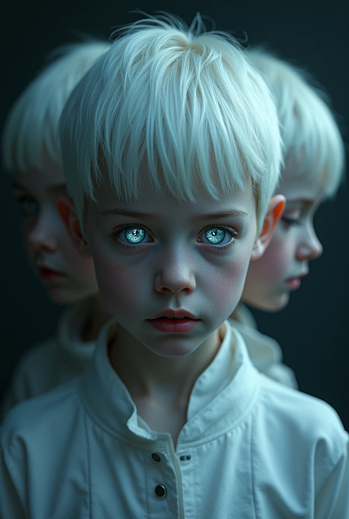 Cover of the movie The City of the Damned Three faces of children with white hair and shining eyes Two boys and one with shining eyes and with white clothes Children with short white hair with shining eyes and two girls 