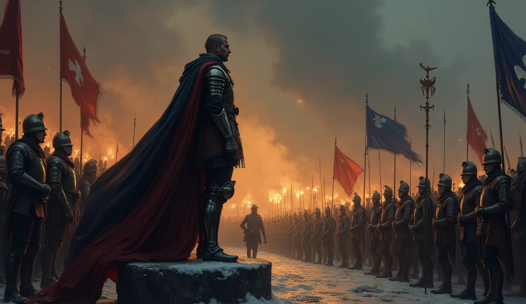 An evocative illustration capturing Philip VI of Valois in a tense moment, standing on a raised platform, giving decisive orders to his commanders before battle. The scene is set in a medieval French encampment, with the king adorned in regal armor, his cape flowing dramatically behind him. His face is stern, illuminated by the dim, flickering light of torches, emphasizing the weight of his command. Surrounding him, French commanders lean in, their expressions serious, ready to relay his orders. In the background, soldiers prepare for battle, checking their armor and sharpening weapons. Banners and French standards, bearing the fleur-de-lis, flutter in the cold breeze, symbolizing the unity and resolve of the medieval French army. The overall atmosphere is dark and foreboding, with deep shadows and muted colors, creating a sense of impending conflict, reminiscent of Edmund Blair Leighton’s dramatic, atmospheric style., Surrealism, Hyperrealism, UHD, retina, masterpiece, accurate, anatomically correct, textured skin, super detail, 16k