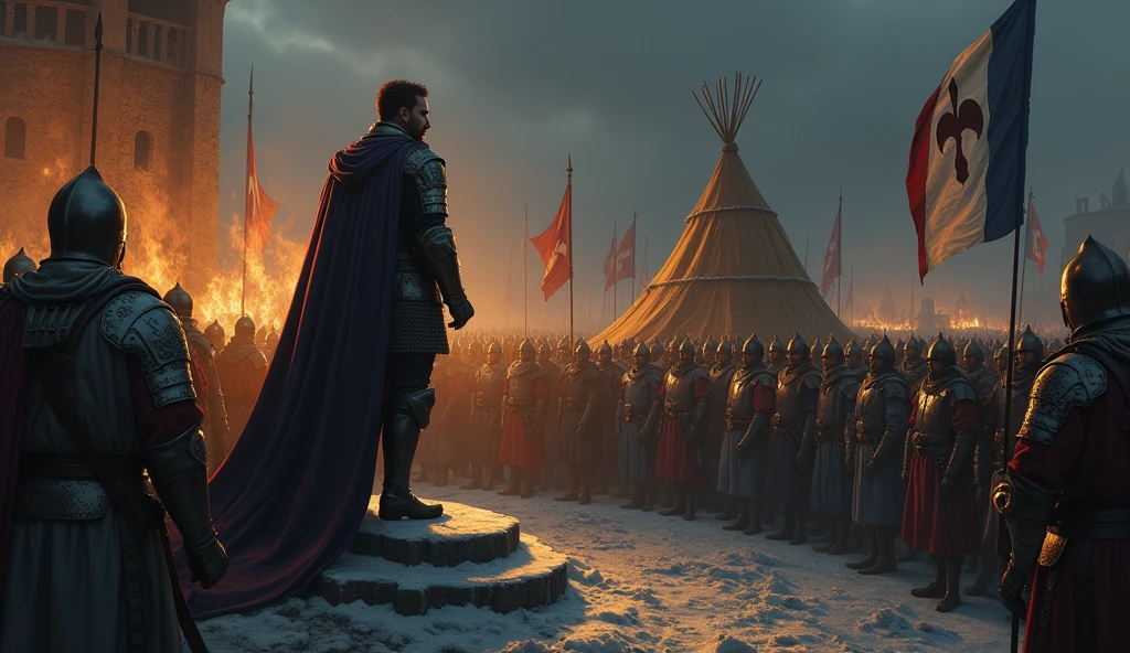 An evocative illustration capturing Philip VI of Valois in a tense moment, standing on a raised platform, giving decisive orders to his commanders before battle. The scene is set in a medieval French encampment, with the king adorned in regal armor, his cape flowing dramatically behind him. His face is stern, illuminated by the dim, flickering light of torches, emphasizing the weight of his command. Surrounding him, French commanders lean in, their expressions serious, ready to relay his orders. In the background, soldiers prepare for battle, checking their armor and sharpening weapons. Banners and French standards, bearing the fleur-de-lis, flutter in the cold breeze, symbolizing the unity and resolve of the medieval French army. The overall atmosphere is dark and foreboding, with deep shadows and muted colors, creating a sense of impending conflict, reminiscent of Edmund Blair Leighton’s dramatic, atmospheric style., Surrealism, Hyperrealism, UHD, retina, masterpiece, accurate, anatomically correct, textured skin, super detail, 16k