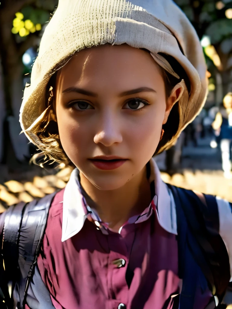 Masterpiece, Best Quality, 8K, Photographic Reality, Realistic, a girl ,20, with brown eyes, dark hair, wearing a collared shirt and red beret, walking through a forest