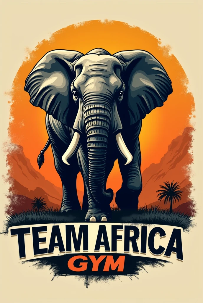 Hello, I need a logo that says Team Africa Gym with orange colors and a realistic gray elephant and below a slogan that says "as big as you want to be" in Spanish the slogan