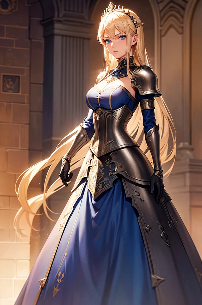 A beautiful blonde, blue-eyed young woman is standing in the castle garden, Exquisitely crafted down to the last detail, Very detailed facial features, wearing iron armor, Exquisite armor detailing, Glowing magical energy, Dramatic lighting, Renaissance castle interior, epic fantasy scene, Cinema Lighting, Realistic, 8k:1.2, Very detailed:1.2, masterpiece:1.3