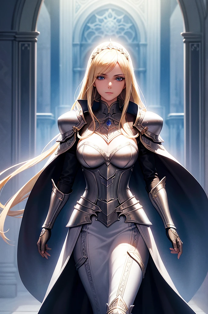A beautiful blonde, blue-eyed young woman is standing in the castle garden, Exquisitely crafted down to the last detail, Very detailed facial features, wearing iron armor, Exquisite armor detailing, Glowing magical energy, Dramatic lighting, Renaissance castle interior, epic fantasy scene, Cinema Lighting, Realistic, 8k:1.2, Very detailed:1.2, masterpiece:1.3