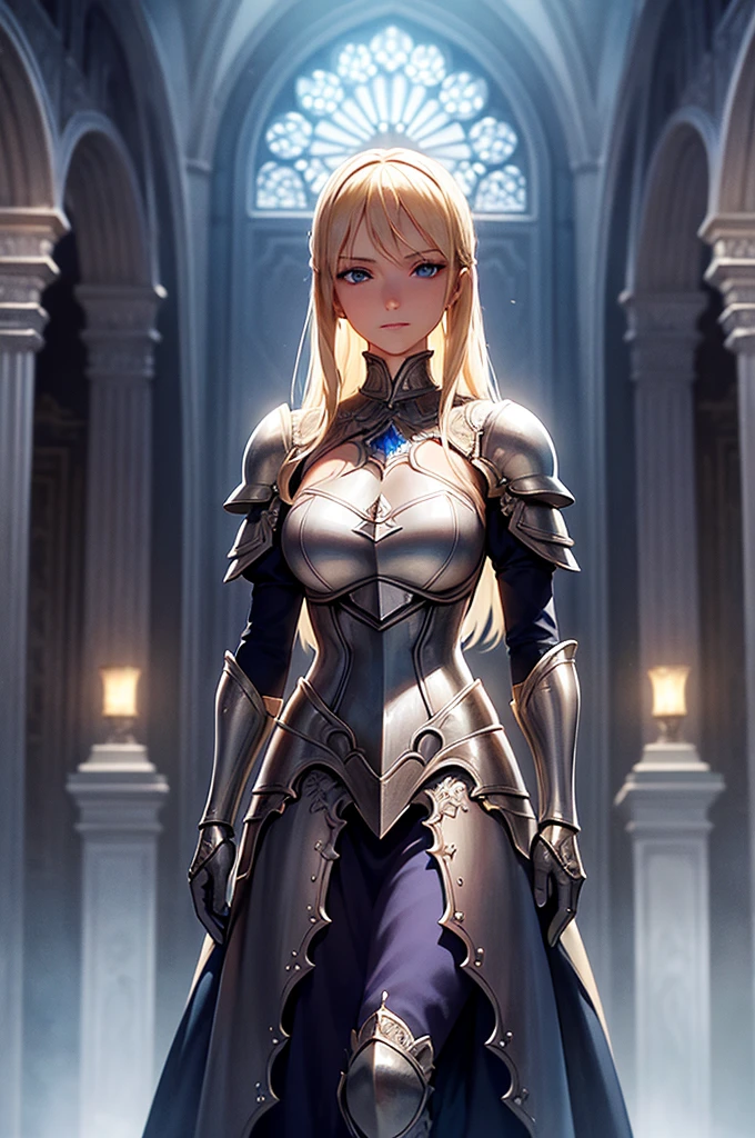 A beautiful blonde, blue-eyed young woman is standing in the castle garden, Exquisitely crafted down to the last detail, Very detailed facial features, wearing iron armor, Exquisite armor detailing, Glowing magical energy, Dramatic lighting, Renaissance castle interior, epic fantasy scene, Cinema Lighting, Realistic, 8k:1.2, Very detailed:1.2, masterpiece:1.3