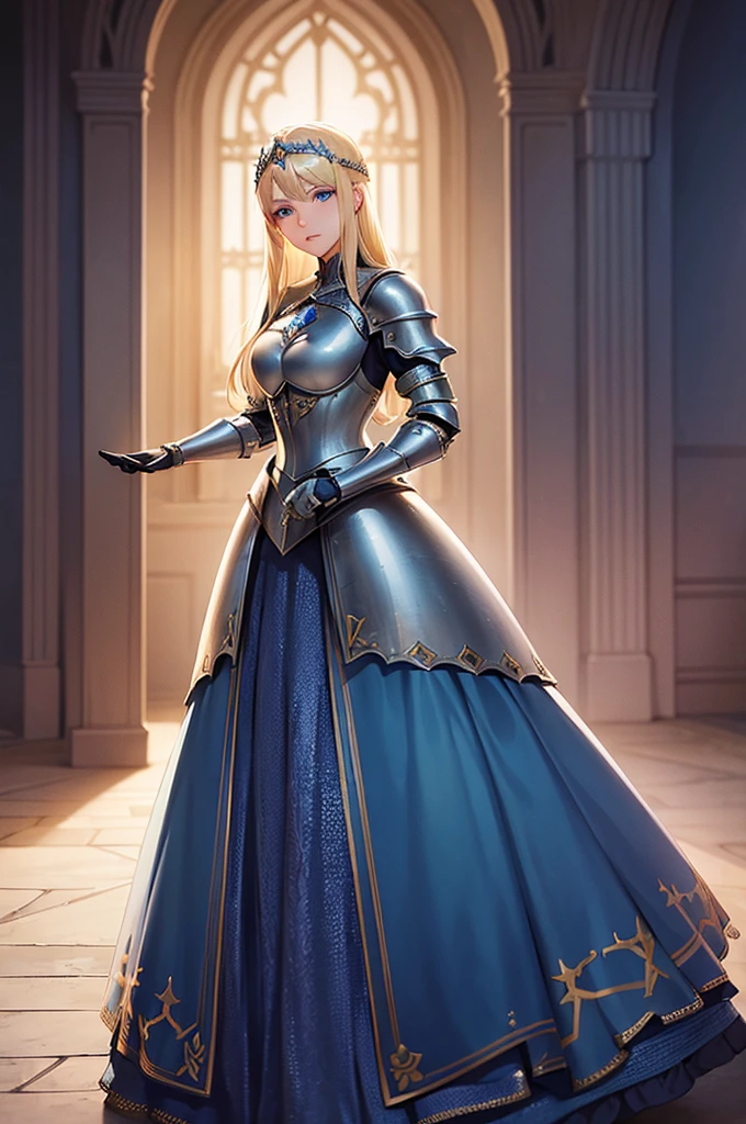 A beautiful blonde, blue-eyed young woman is standing in the castle garden, Exquisitely crafted down to the last detail, Very detailed facial features, wearing iron armor, Exquisite armor detailing, Glowing magical energy, Dramatic lighting, Renaissance castle interior, epic fantasy scene, Cinema Lighting, Realistic, 8k:1.2, Very detailed:1.2, masterpiece:1.3